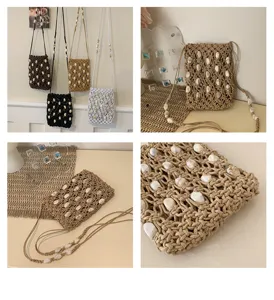Borsa a tracolla mini intrecciata a mano donna estate moda traforata conchiglia perle borsa spalla
