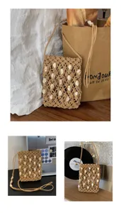 Dettaglio borsa tracolla macramè fatta a mano, mini custodia telefono conchiglie estate.
