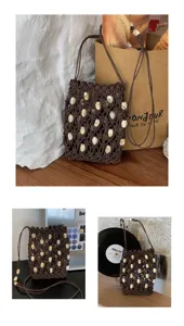 Borsa a tracolla marrone intrecciata a mano con perline per donna stile casual quotidiano.