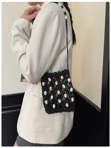 Borsa a tracolla mini perline nera lavorata a mano donna estate casual elegante telefono