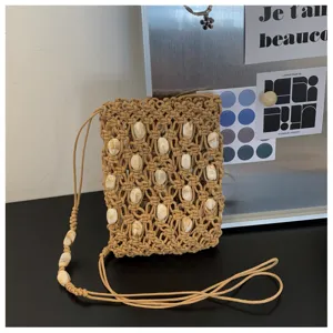 Mini borsa telefono intrecciata a mano con perline, borsa a tracolla chic all'uncinetto donna estate casual.