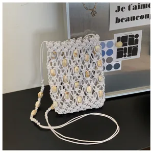 Borsa a tracolla mini intrecciata a mano con perline per donna, borsa estiva chic.