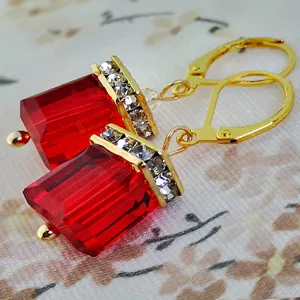 Chic pendientes colgantes cristal cuadrado rojo con diamantes de imitación, estilo vintage.