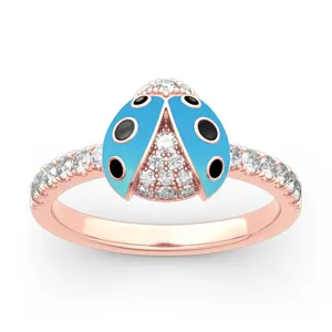 Anillo mariquita azul oro rosa pavé diamante tierno animal joyería moda regalo elegante