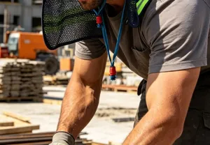Detail shot of the hard hat sun shade neck shield with reflective strip for outdoor work.