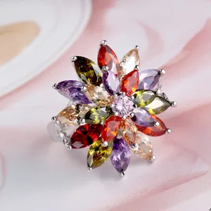 Kleurrijke Zirkonia Bloem Ring Europese Stijl Meerkleurige Edelsteen Dames Sieraden