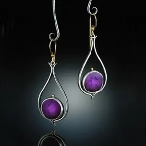 Vintage Creative Metal Purple Turquoise Rose Flower Drop Earrings Two-Tone Gold Silver Electroplated Teardrop Hook Earrings For Women Banquet Party Costume Jewelry