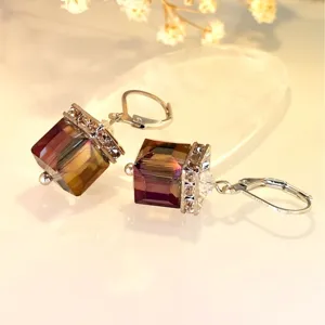 Pendientes de cubo de cristal con estrás de moda, elegantes pendientes colgantes vintage mujer.