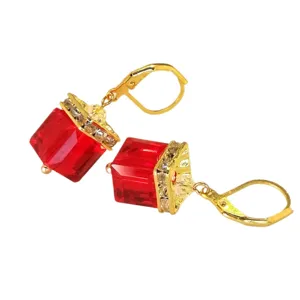 Elegantes pendientes de cubo de cristal lujo tono oro rojo cuadrado colgantes mujer