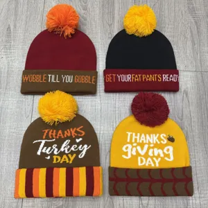 Πλεκτό σκουφάκι Thanksgiving με pom pom, ζεστό χειμωνιάτικο γιορτινό κεντημένο καπέλο.