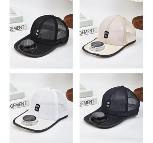 Solar powered fan baseball cap with breathable mesh design for summer outdoor sun protection.