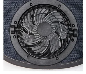 Close-up detail of the built-in mini cooling fan on breathable mesh summer sun hat.