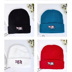 Winter warm knitted beanie hat with cute animal embroidery, unisex casual pullover caps.