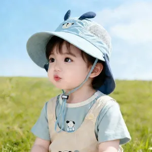 Cute baby sun bucket hat detail shot, light blue breathable summer infant outdoor cap.