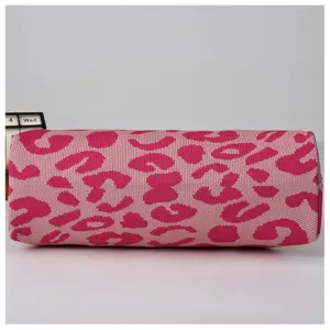 Pink leopard print knitted cylindrical cosmetic bag stylish daily storage pouch 1pc