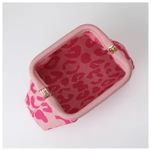 Pink leopard print knit kiss-lock clutch bag, cute small cosmetic pouch or cloud purse for women.