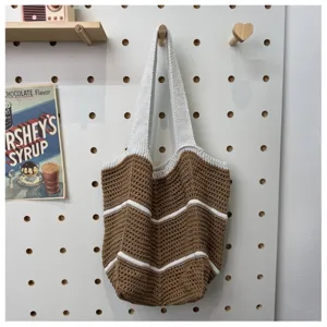 Brauner weißer gestreifter Häkel Shopper ästhetische Vintage Umhängetasche Freizeittasche