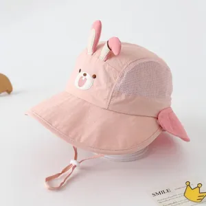 Pink kids sun hat cute rabbit ears bucket hat breathable mesh summer baby outdoor sun protection cap