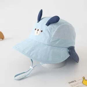 Cute baby sun hat detail showing cute rabbit ears, bear embroidery and breathable mesh panels.