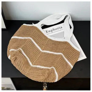 Modische lässige Strick Umhängetasche, braun-weiße Häkel Tote Bag für Damen Alltag.