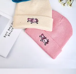 Cute axolotl embroidered knit beanie winter warm wool hat for women and men cozy headwear