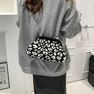 Black and white leopard print knitted cloud crossbody bag with metal chain strap for women