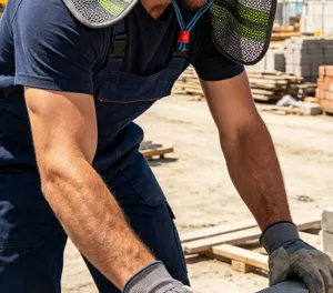 Outdoor construction worker sun shade hat detail, breathable high visibility sun protection.