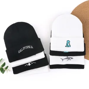 Women men winter knit beanie hat casual embroidered warm cuffed skull cap daily wear