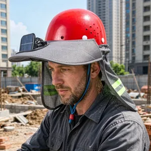Solar powered fan hard hat sun shade with wide brim and reflective neck flap for outdoor work.