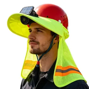 Solar fan safety hard hat with sun shade and neck flap for outdoor work construction.