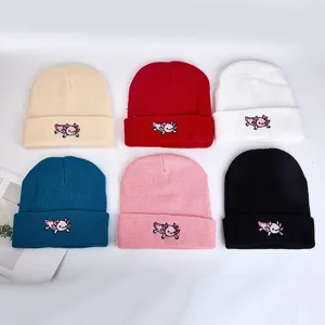 Unisex Cartoon Axolotl Embroidery Knitted Beanie Winter Warm Soft Cuffed Skull Cap For Outdoor Autumn Daily Fashion Hat