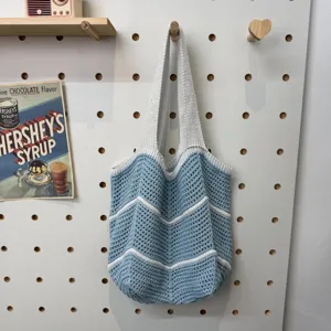 Krimskrams Koreanischer Stil Lazy Strick Tote Bag Für Damen Polyester Hohle Gewebte Schultertasche Patchwork Wellenstreifen Offene Lässige Handtasche Reisen Strandtasche