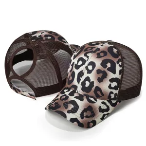 Leopard print mesh baseball cap with ponytail hole, stylish outdoor sports curved brim hat.