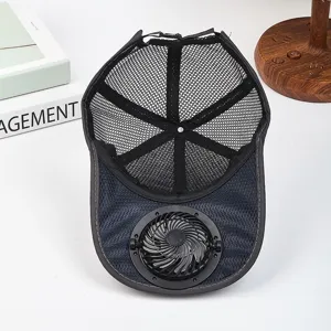 Summer breathable mesh baseball cap with built-in mini fan for outdoor sun protection.