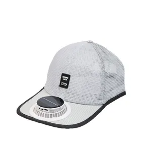 Unisex grey mesh baseball cap with built-in solar powered fan for summer outdoor sun protection.