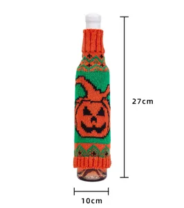 Halloween Strick Weinflaschenhülle, orange-grüne Kürbis Deko für Flaschen 27x10cm