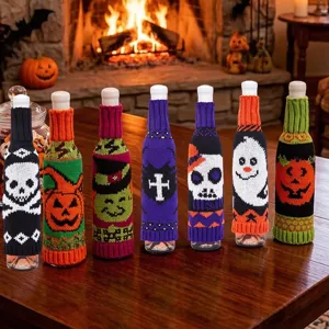 Festlicher Gestrickter Weinflaschenbezug Halloween Weihnachten Kürbis Schädel Muster Feiertag Party Tischdekoration Flaschenschutz