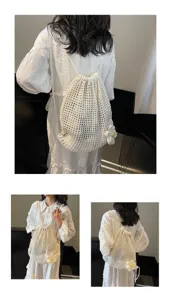 Détails du sac à dos cordon tricoté blanc avec accent floral mignon et design mesh.