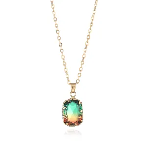 Detailed close-up of the rectangular gradient crystal pendant necklace, showing the vibrant gemstone facets.