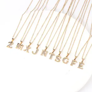 Stainless steel rhinestone alphabet letter necklace pendant detail for women fashion jewelry.