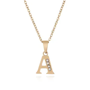 Minimalist Stainless Steel Pave Rhinestone Capital Initial Alphabet Pendant Necklace Gold Vacuum Plated Letter Necklace Chain Fashion Jewelry Gift for Women Men