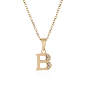Stainless steel rhinestone letter necklace, elegant gold initial pendant for women and girls.