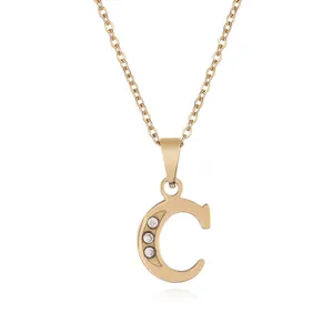 Gold stainless steel letter C pendant necklace with sparkling cubic zirconia stones.