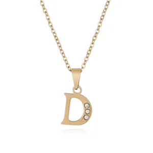 Gold stainless steel letter D pendant necklace with sparkling rhinestones for women jewelry detail.