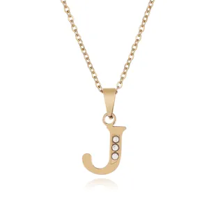 Gold Stainless Steel Letter J Rhinestone Pendant Necklace Fashion Trendy Jewelry Gift