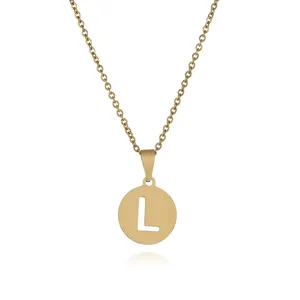 Goldschmuck Edelstahl Halskette mit rundem Initialen Buchstaben L Anhänger für Damen Mode.