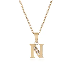 Gold initial N letter pendant necklace with sparkling crystal rhinestones for daily wear