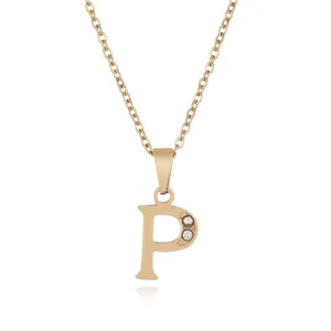 Gold stainless steel initial letter P pendant necklace with sparkling rhinestone details chic jewelry