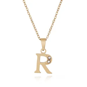 Gold stainless steel letter R pendant necklace with sparkling cubic zirconia crystals for women.