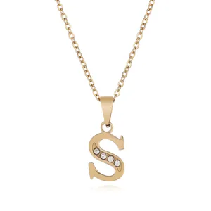 Gold stainless steel letter S pendant close-up, sparkling rhinestone inlay details on dainty chain.